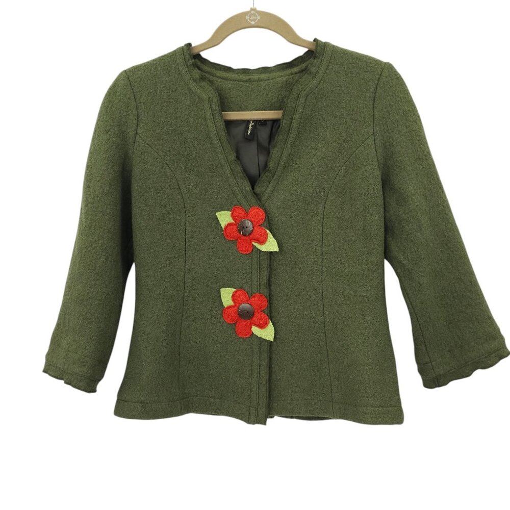 Ambition Short Jacket Floral Applique Size S Wool Blend 3/4 Sleeve Lined Green.